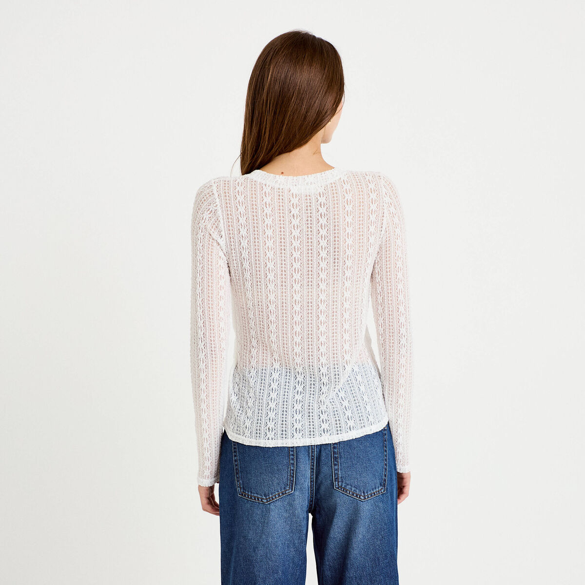 Top droit manches longues dentelle ecru femme