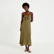 Robe longue &eacute;vas&eacute;e col v satin&eacute;e vert kaki femme