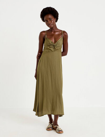 Robe longue &eacute;vas&eacute;e col v satin&eacute;e vert kaki femme