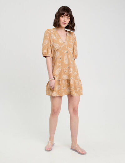 Robe évasée manches courtes camel femme