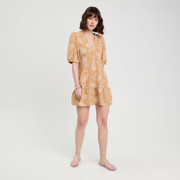 Robe évasée manches courtes camel femme