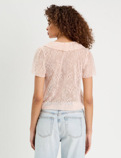 Top dentelle et volants rose clair femme