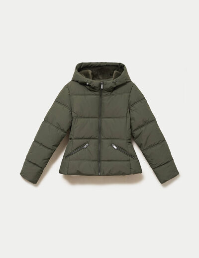 Doudoune cintr&eacute;e &agrave; capuche vert kaki femme