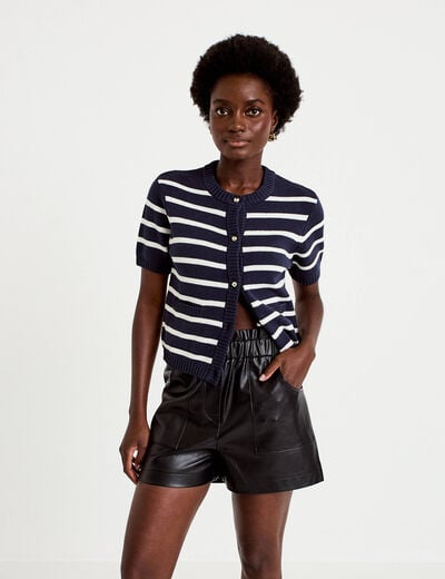 Short large taille haute en similicuir noir femme