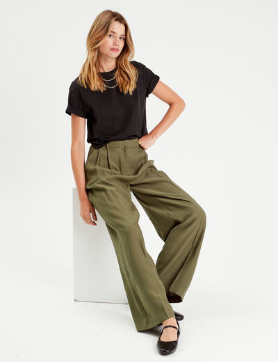 Pantalon large avec pinces vert kaki femme