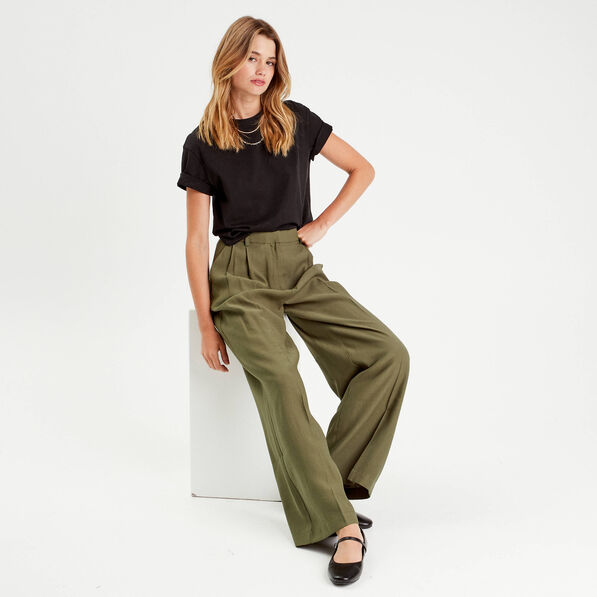 Pantalon large avec pinces vert kaki femme