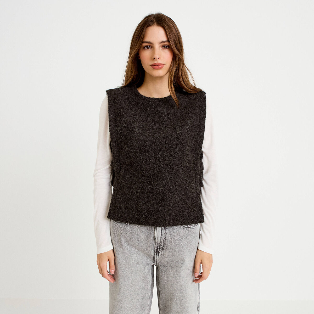 T-shirt 2-en-1 col rond manches longues gris fonc&eacute; femme