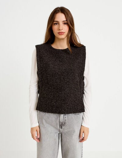 T-shirt 2-en-1 col rond manches longues gris fonc&eacute; femme