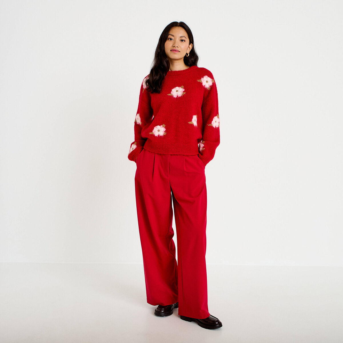 Pantalon barrel taille standard rouge femme