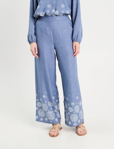 Pantalon large brodé bleu femme