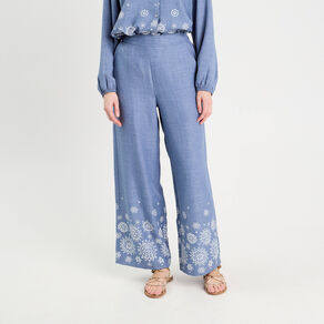 pantalon large brode bleu femme Pantalon large brodé bleu femme