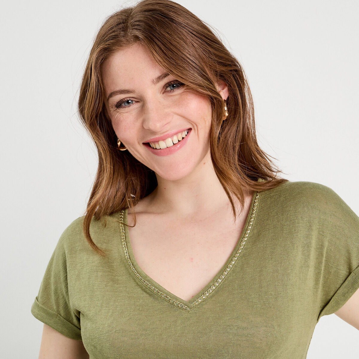 T-shirt détail noeud vert kaki femme