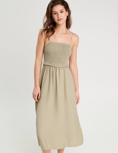 Robe midi évasée smockée vert kaki femme