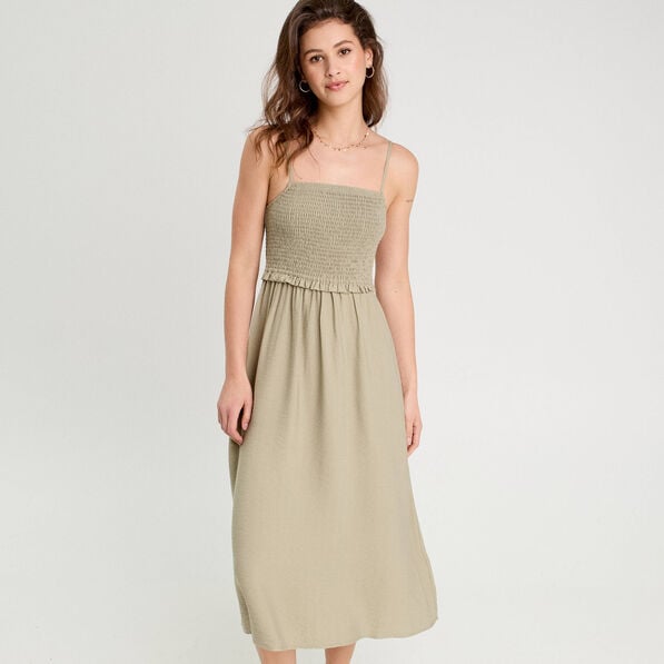 robe midi evasee smockee vert kaki femme Robe midi évasée smockée vert kaki femme