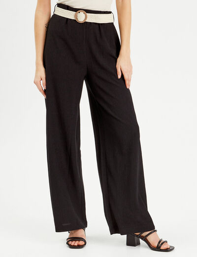 Pantalon large fluide ceinturé noir femme