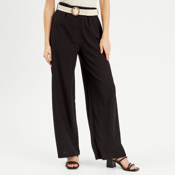 Pantalon large fluide ceinturé noir femme