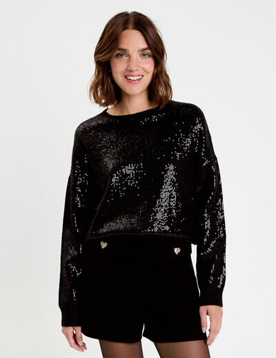 Pull manches longues avec sequins noir femme