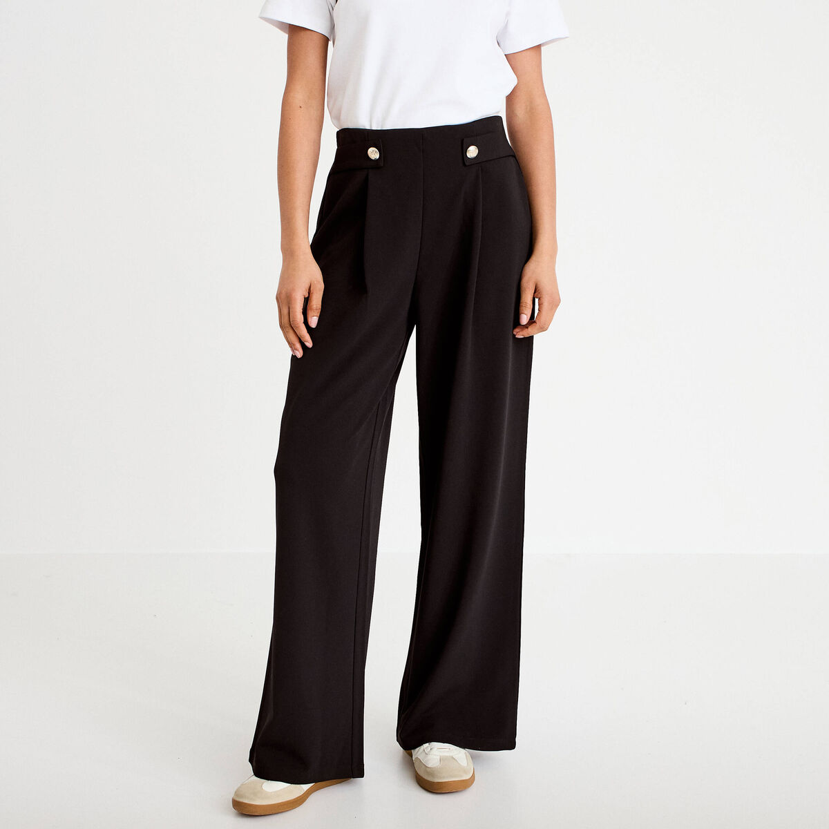 Pantalon large taille haute fluide noir femme