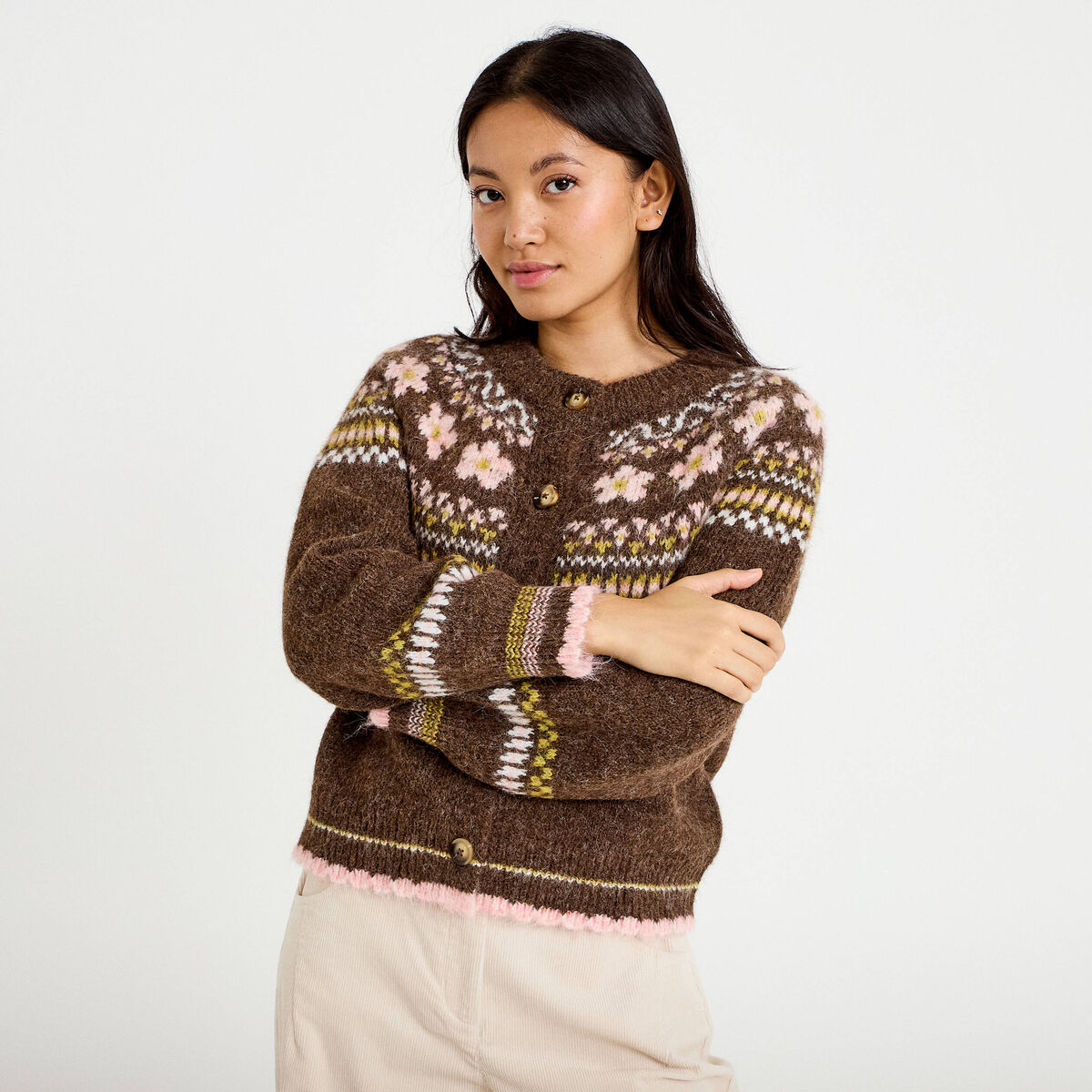 Gilet ample col rond manches longues marron fonc&eacute; femme