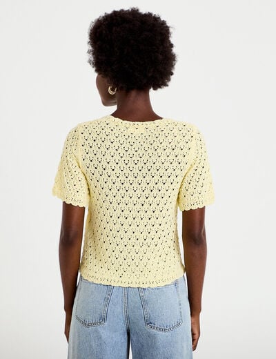 Gilet ajour&eacute; col v manches courtes jaune pastel femme