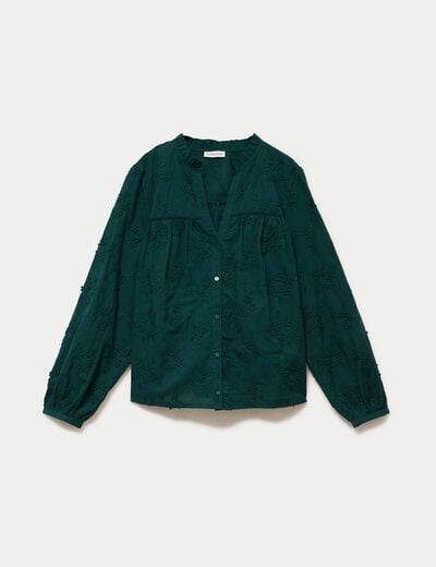 Blouse droite col rond manches longues vert fonc&eacute; femme