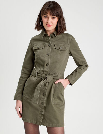 Robe chemise droite ceinturée vert kaki femme