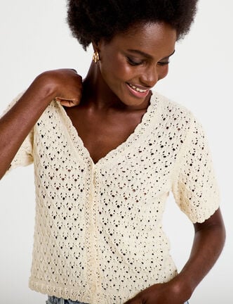 Gilet ajour&eacute; col v manches courtes ecru femme
