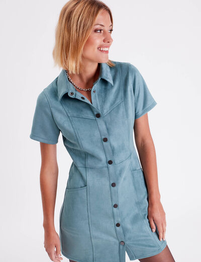 Robe droite boutonnée suédine vert foncé femme