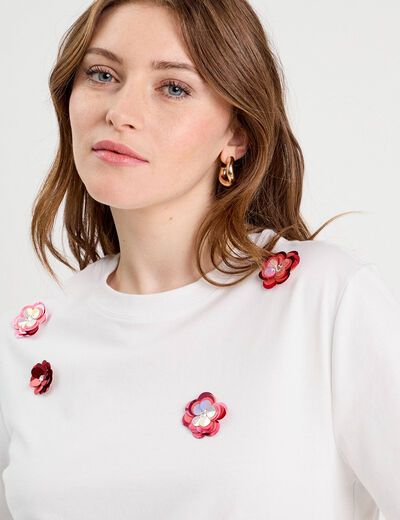 T-shirt détails fleurs sequins blanc femme