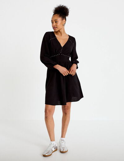 Robe &eacute;vas&eacute;e col v manches longues noir femme