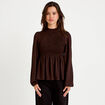 Blouse droite manches longues pliss&eacute;e marron fonc&eacute; femme