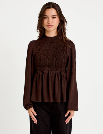 Blouse droite manches longues pliss&eacute;e marron fonc&eacute; femme
