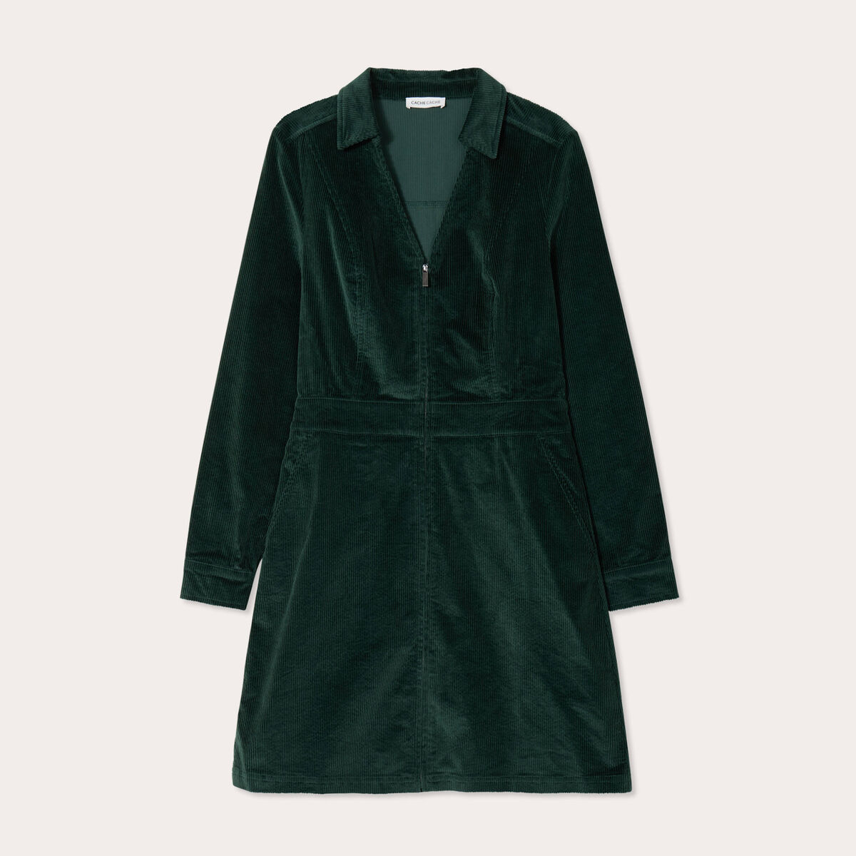 Robe trapèze velours zippée vert foncé femme