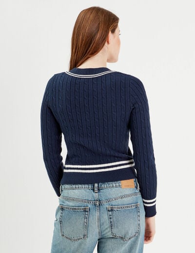Pull manches longues torsades bleu marine femme