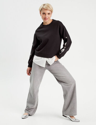Sweat manches détails bijoux noir femme