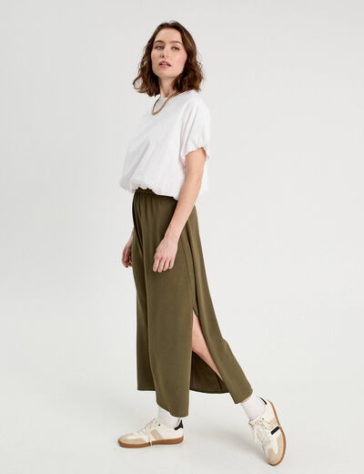 Jupe longue évasée fluide vert kaki femme