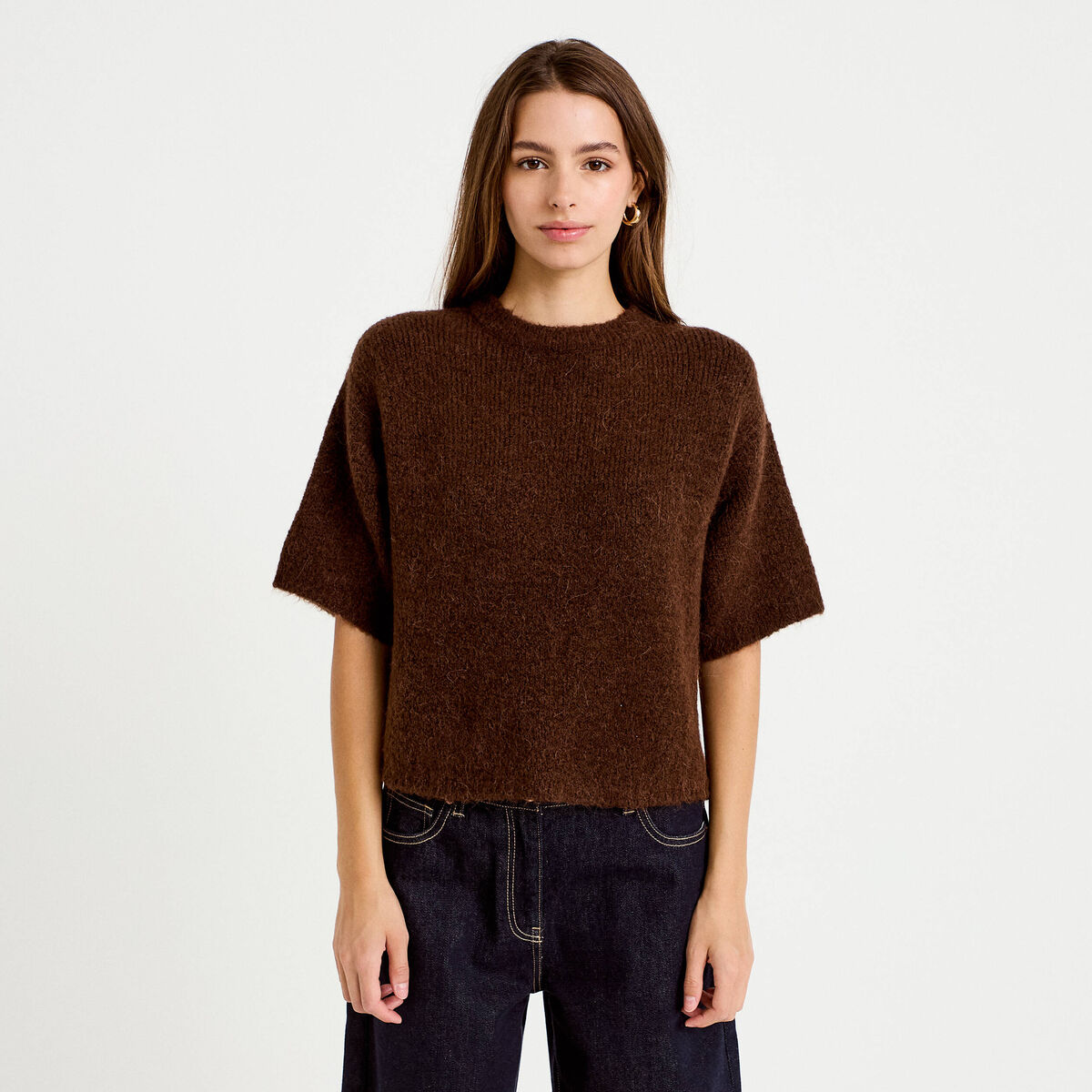 Pull manches courtes marron fonc&eacute; femme