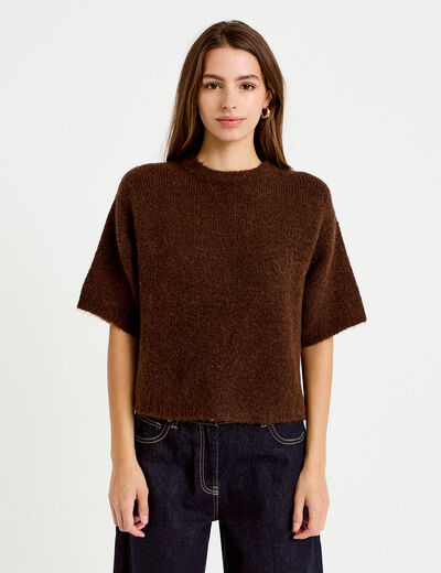Pull manches courtes marron fonc&eacute; femme