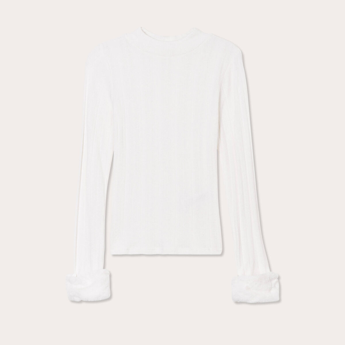 T-shirt poignets fourrure ecru femme