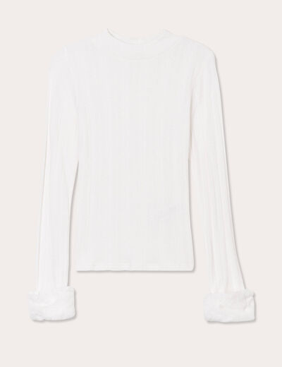 T-shirt poignets fourrure ecru femme
