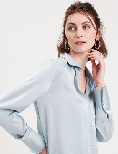 Chemise manches longues satin bleu clair femme