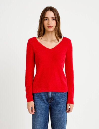 Pull col v manches longues rouge femme