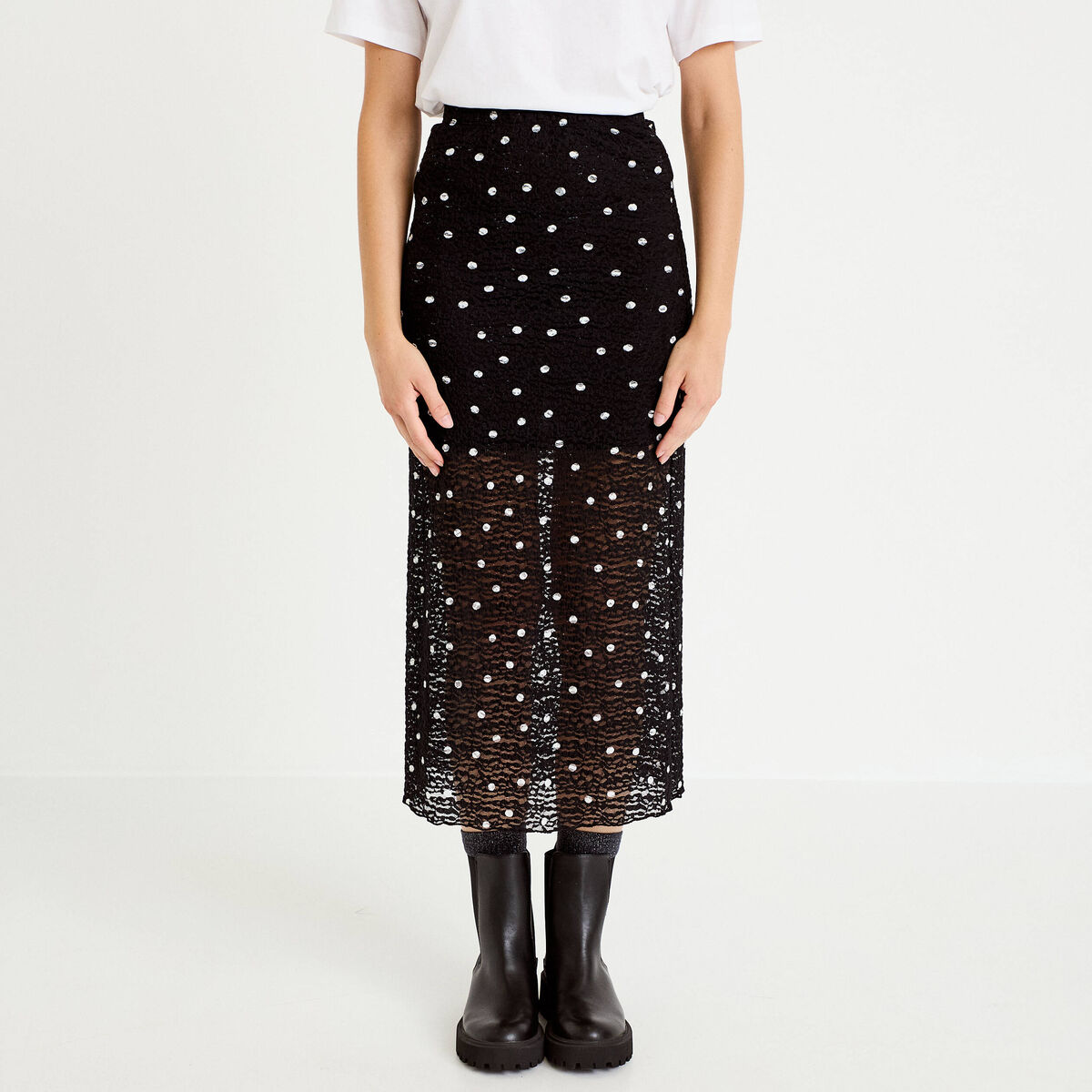 Jupe longue ajust&eacute;e en dentelle noir femme