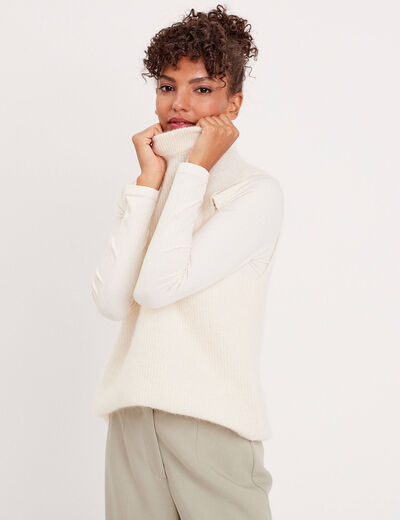 Pull sans manches col roulé ecru femme