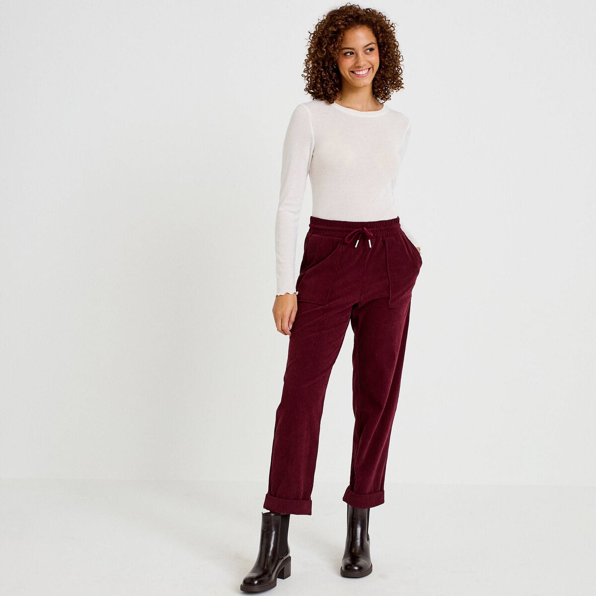 Pantalon jogging velours bordeaux femme