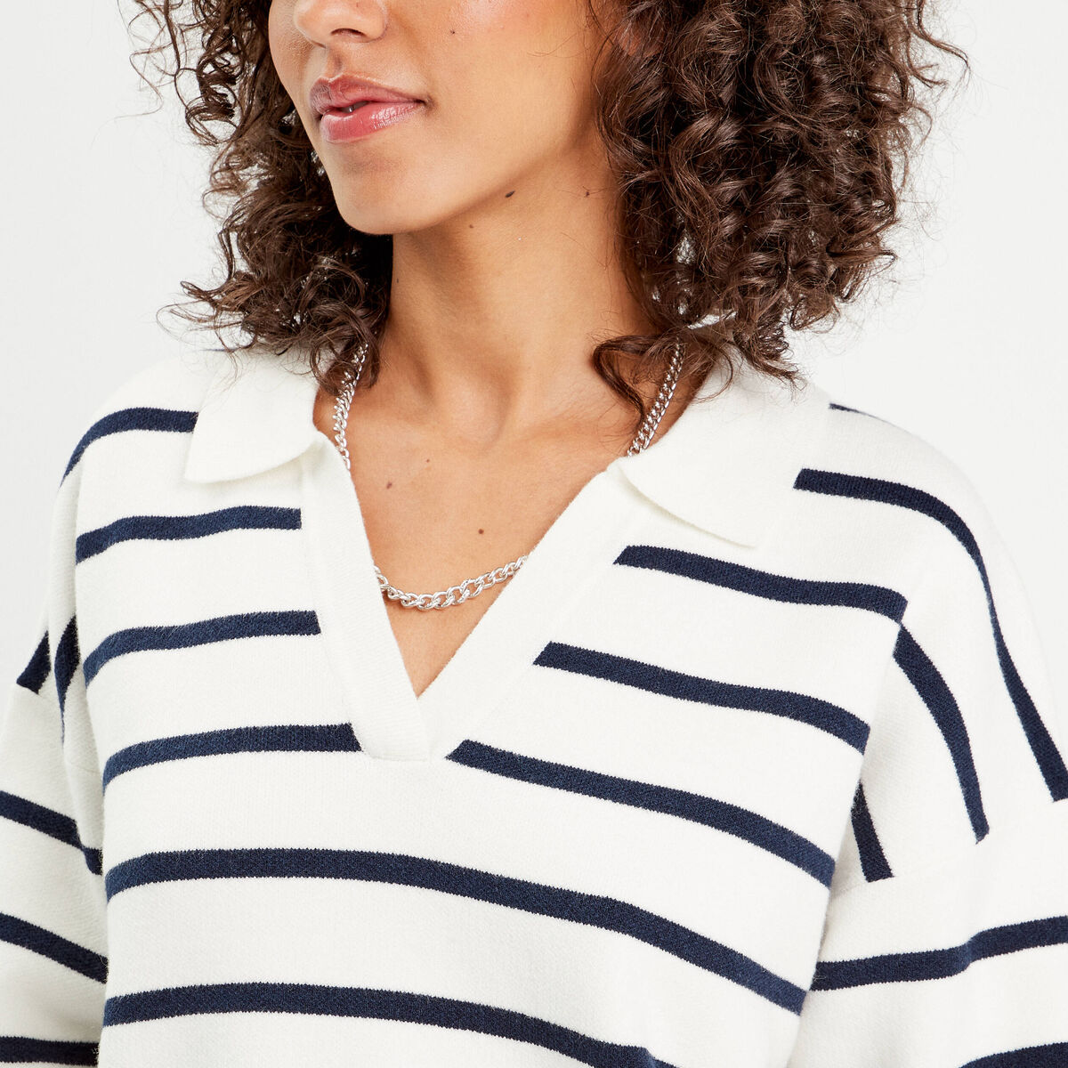 Pull manches longues col polo ecru femme