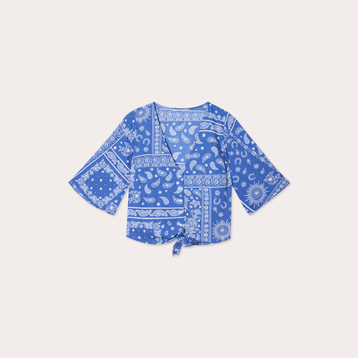 Blouse nouée manches 3/4 bleu femme