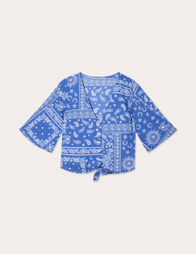Blouse nouée manches 3/4 bleu femme
