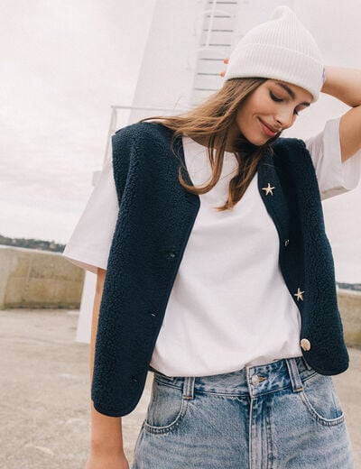 Gilet sans manches effet polaire col v bleu marine femme