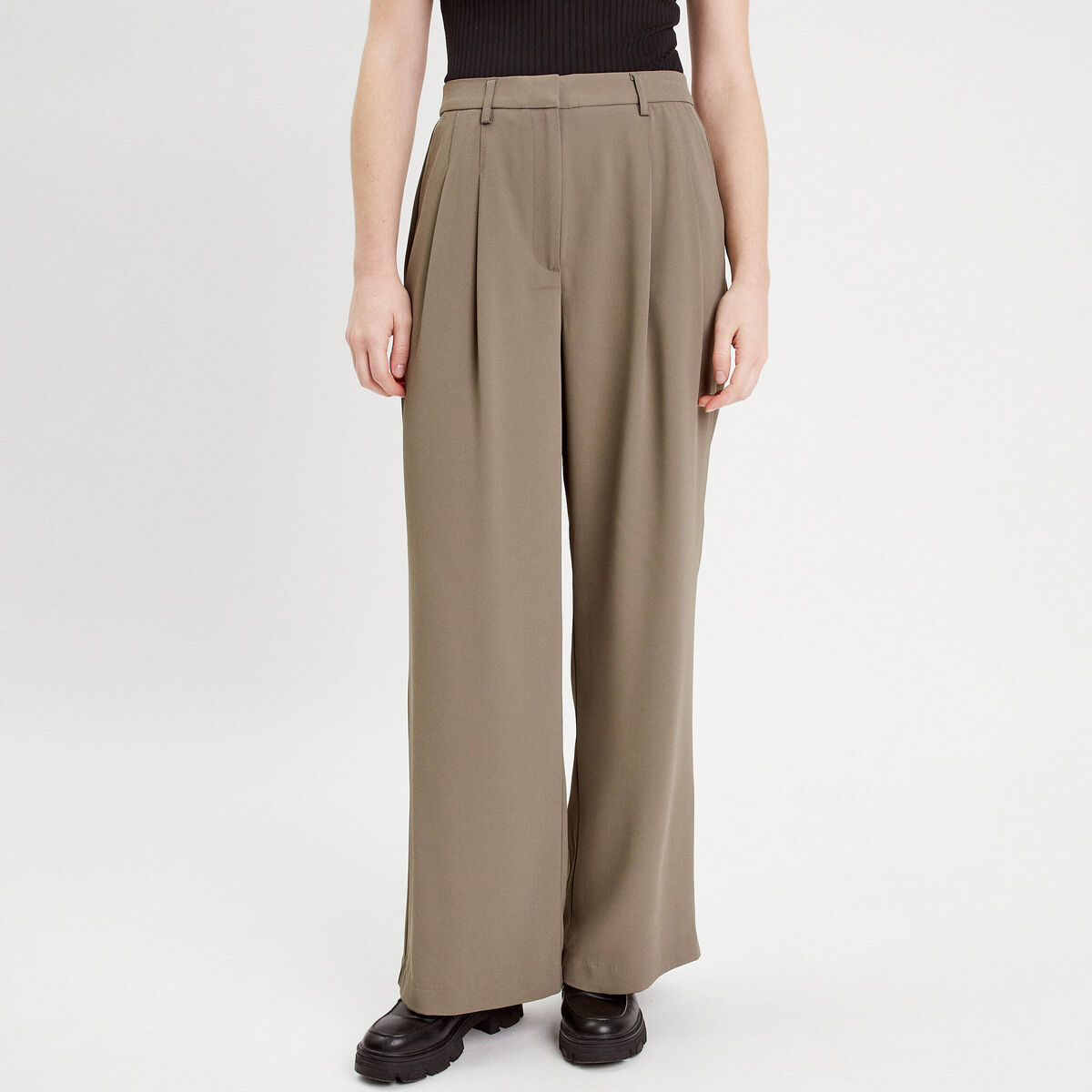 Pantalon large à pinces vert kaki femme